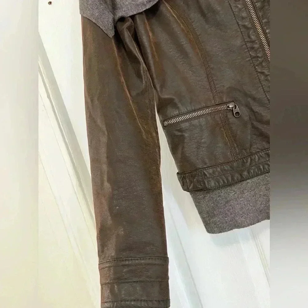 Anthropologie Hei Hei knit Layered Causeway Brown Vegan
Leather Jacket Sz‎ S - Picture 6 of 16